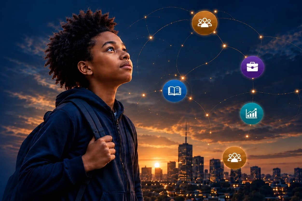 A student looking toward a city at dusk, beneath a constellation of learning and opportunity