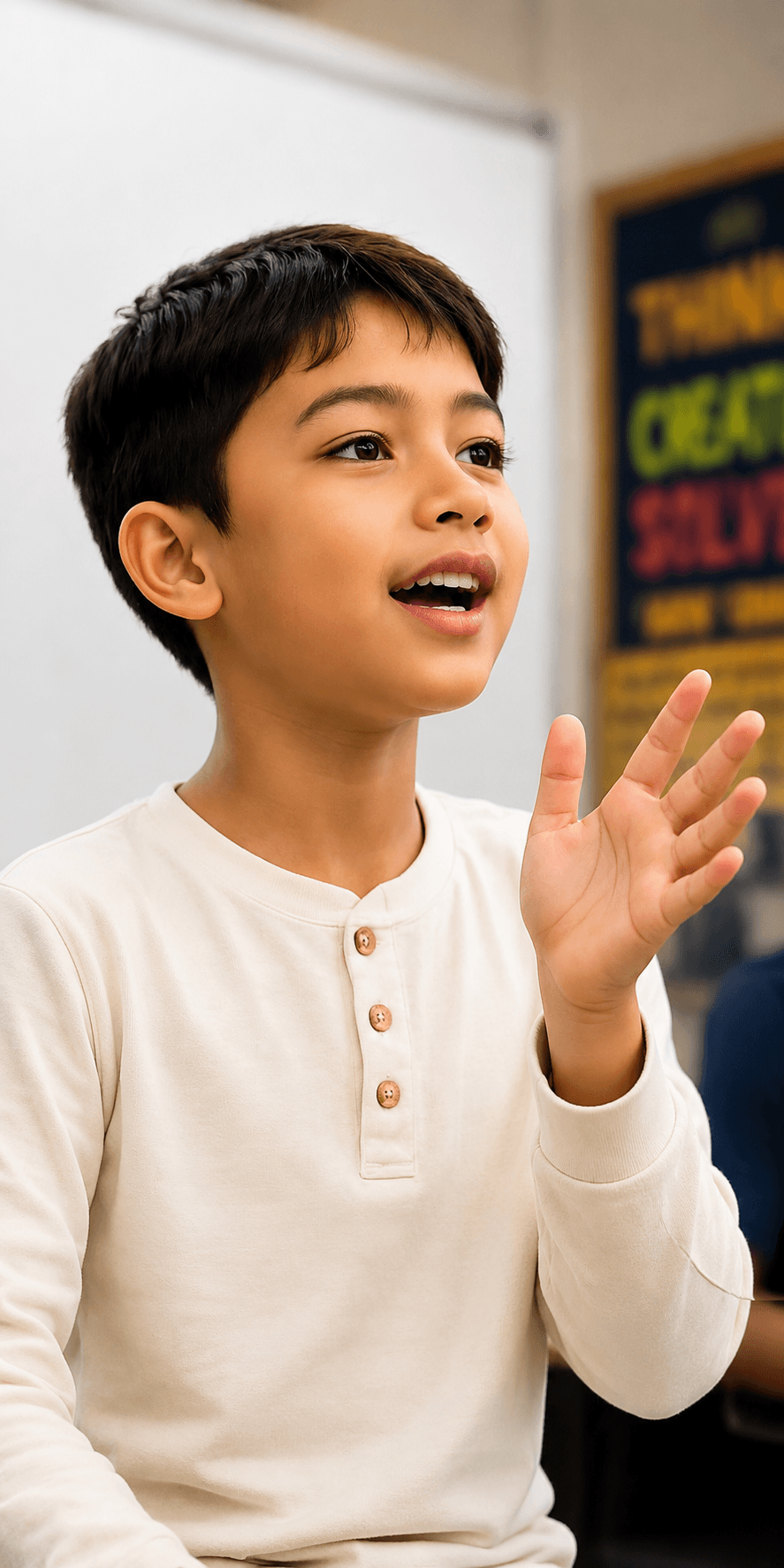 A student confidently raising their hand in the classroom