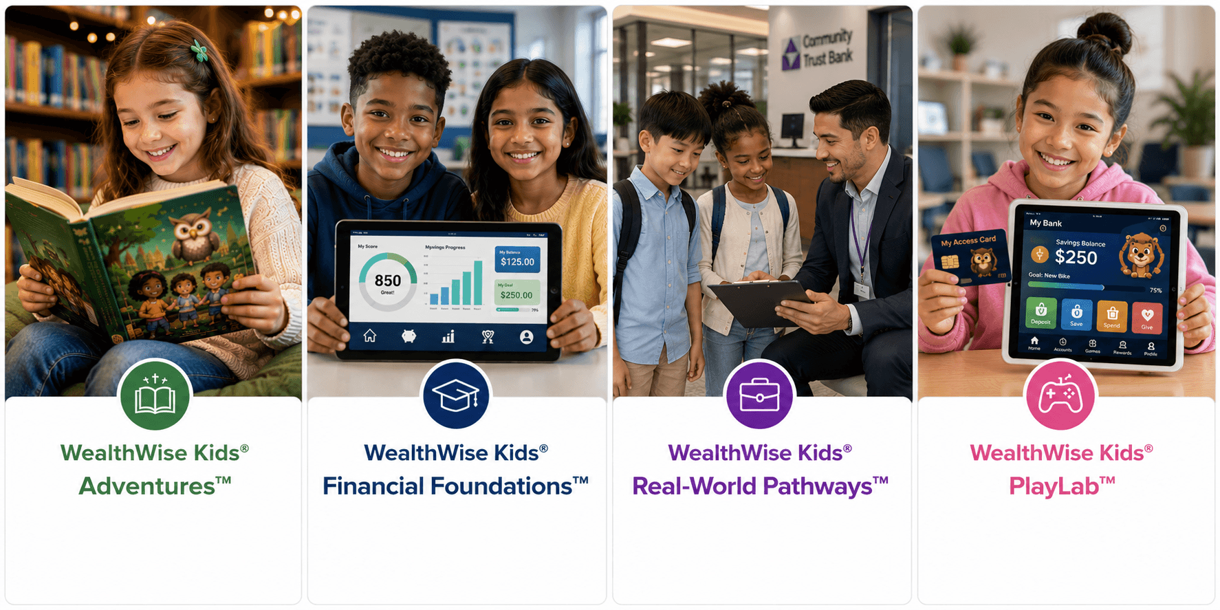 WealthWise Kids four programs: Adventures, Financial Foundations, Real-World Pathways, and PlayLab