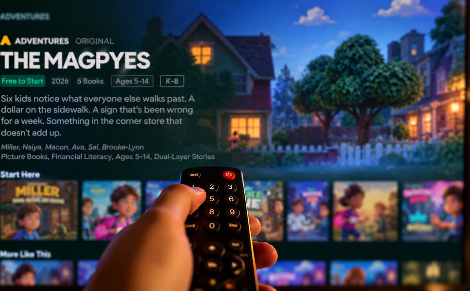 WealthWise Kids Adventures on a television: The Magpyes, free to start, ages 5–14, with rows of book covers below