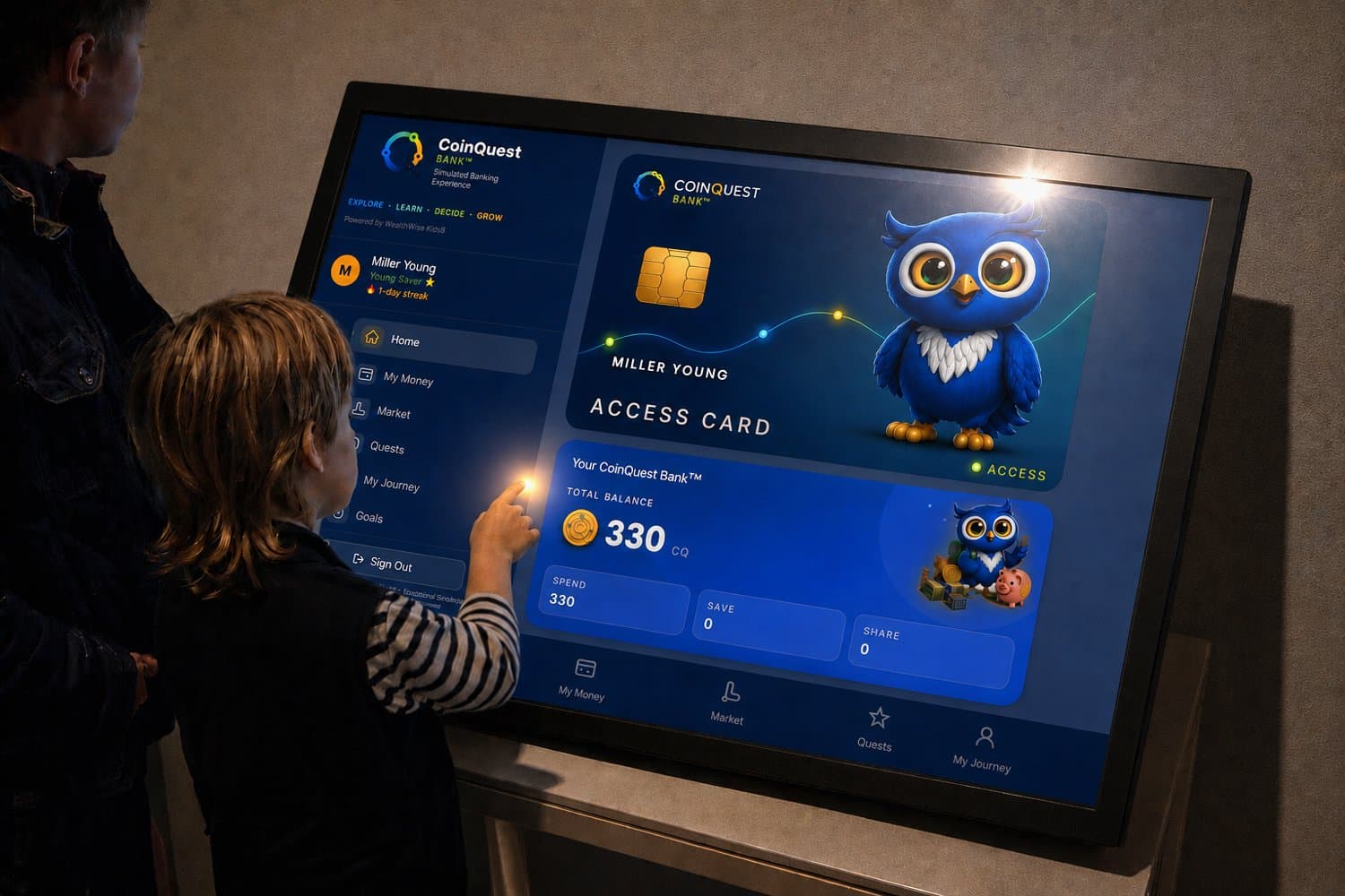 A child and parent exploring a student's CoinQuest™ banking dashboard — Access Card, balance, and Spend/Save/Share — on an interactive touchscreen