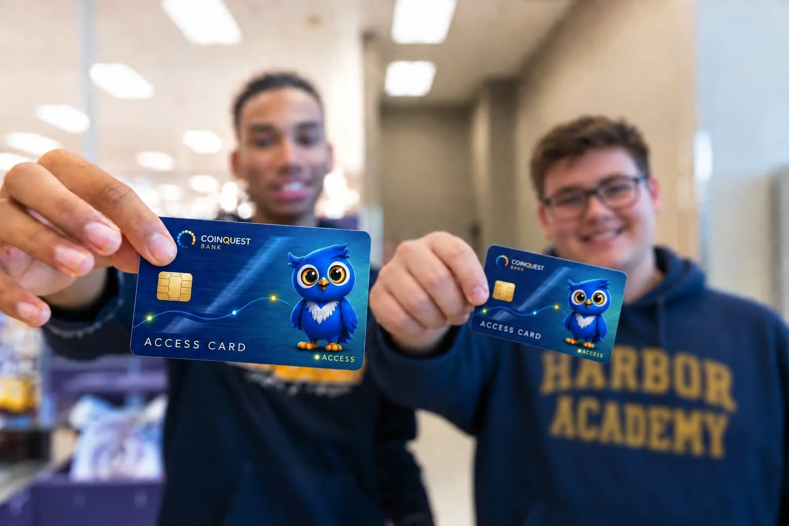 Two Harbor Academy students holding up their CoinQuest™ Access Cards