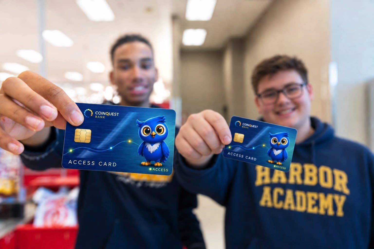 Two Harbor Academy students holding up their CoinQuest™ Access Cards