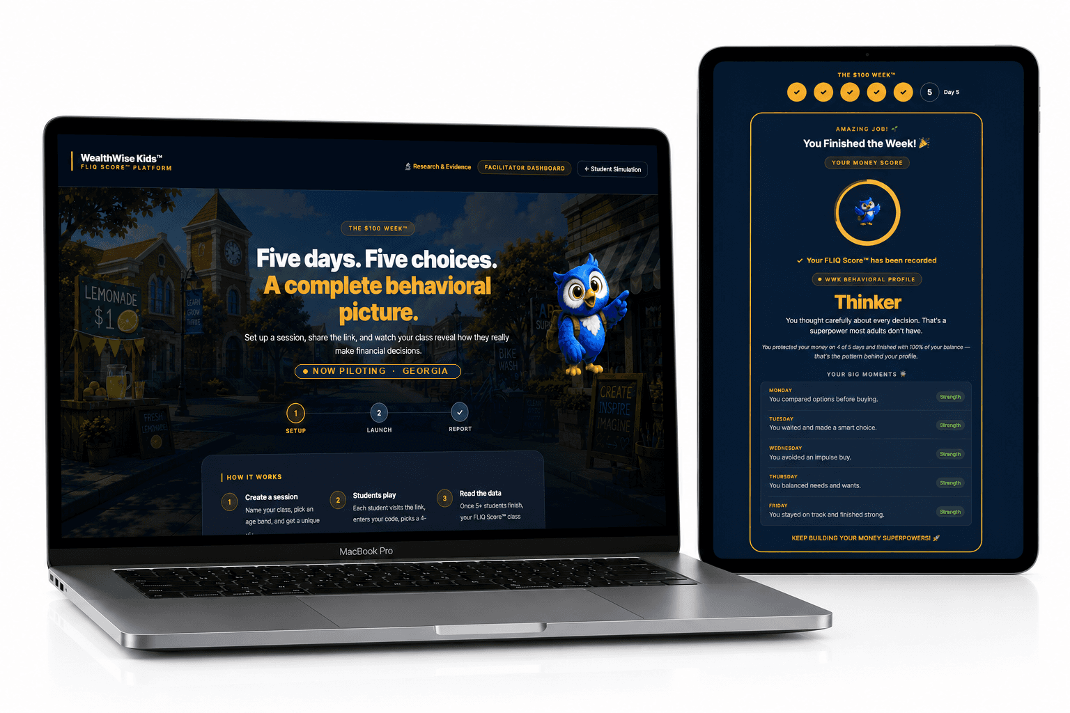 The $100 Week on a laptop and a finished FLIQ Score result on a tablet