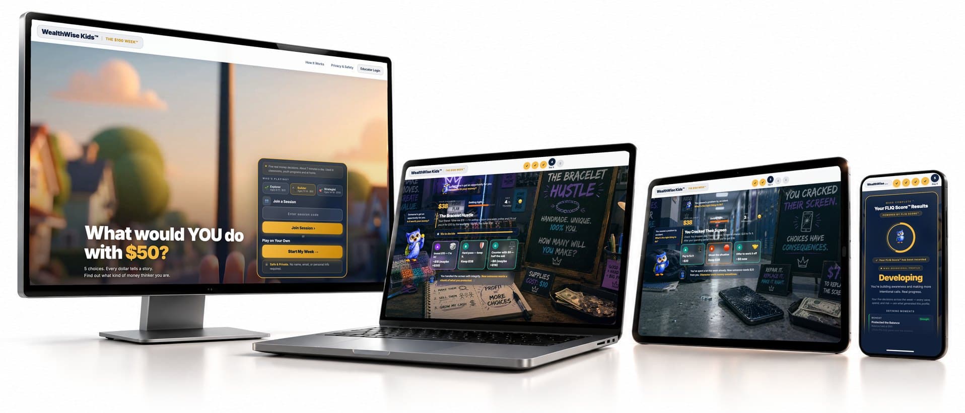The $100 Week™ on four devices, left to right: the start screen on a desktop monitor, a Day 4 decision with its timer on a laptop, a Day 3 decision on a tablet, and the week-end FLIQ Score™ results on a phone