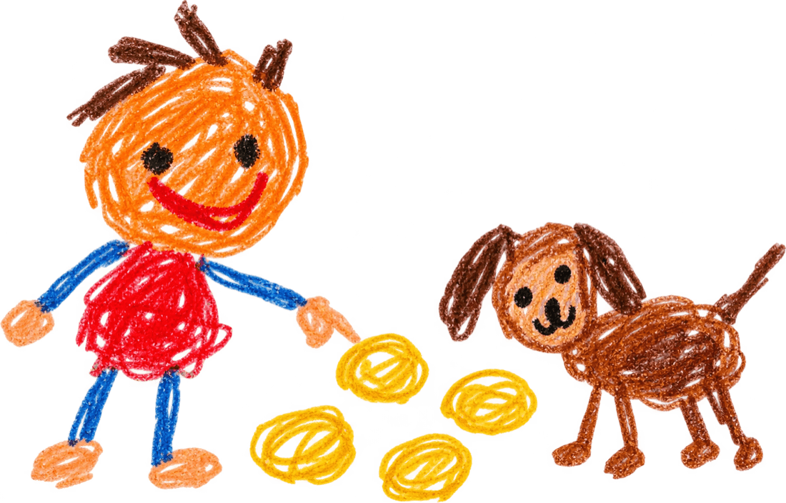 A child's crayon drawing of a boy reaching toward gold coins, with his dog beside him