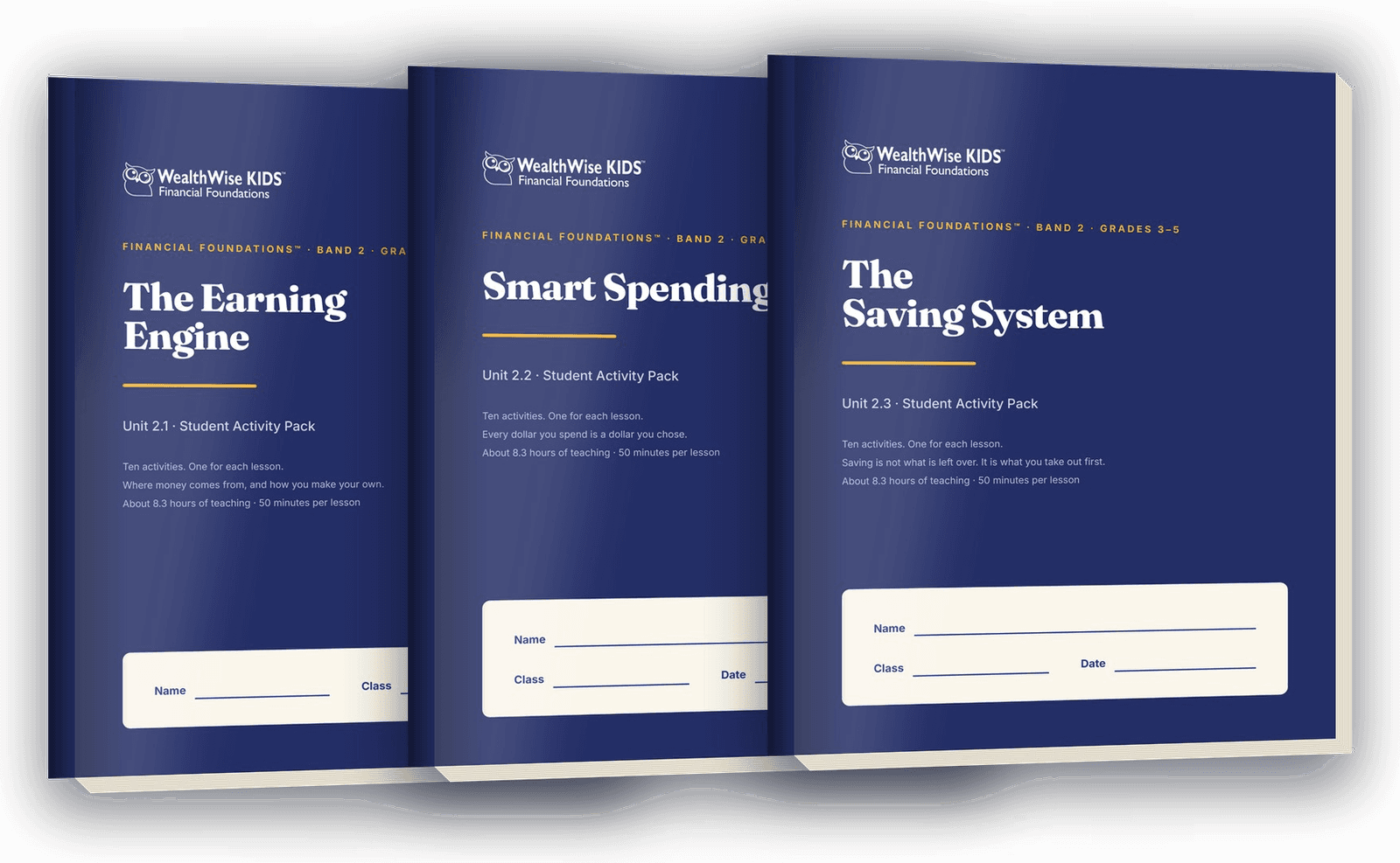 Three Grades 3–5 Student Activity Packs from the Money Builders band: The Earning Engine, Smart Spending, and The Saving System