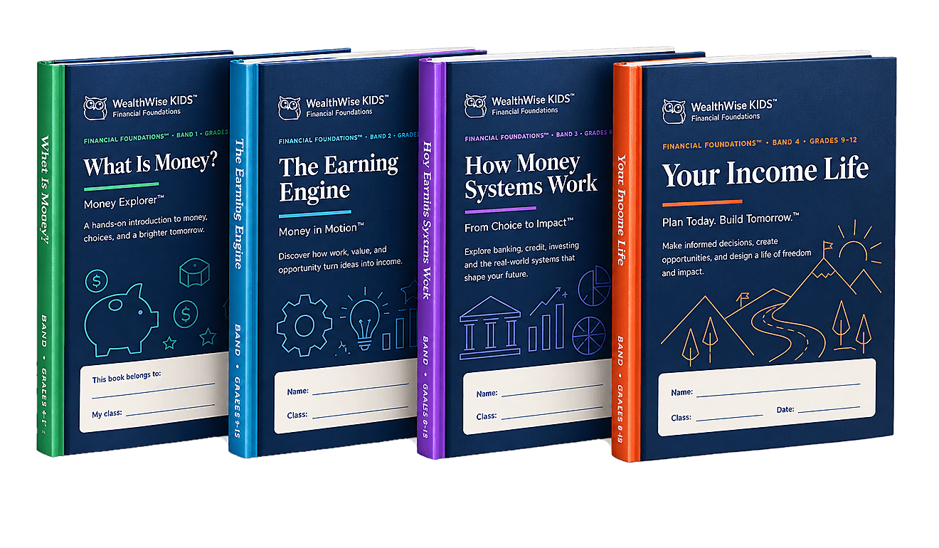 The four Financial Foundations™ workbooks — What Is Money?, The Earning Engine, How Money Systems Work, Your Income Life