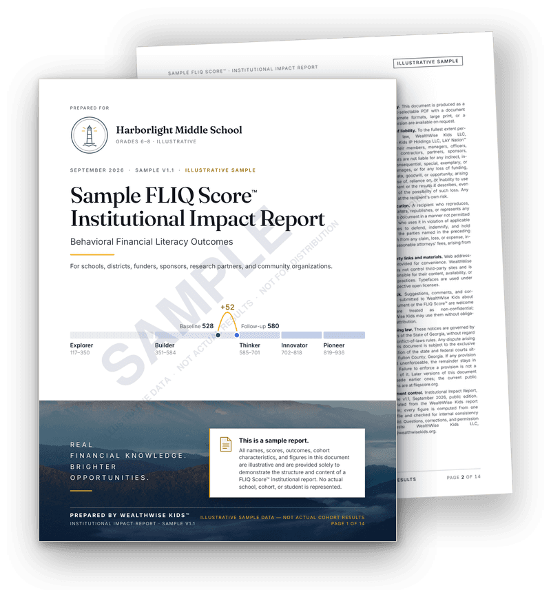 The sample FLIQ Score™ Institutional Impact Report — cover and first interior page