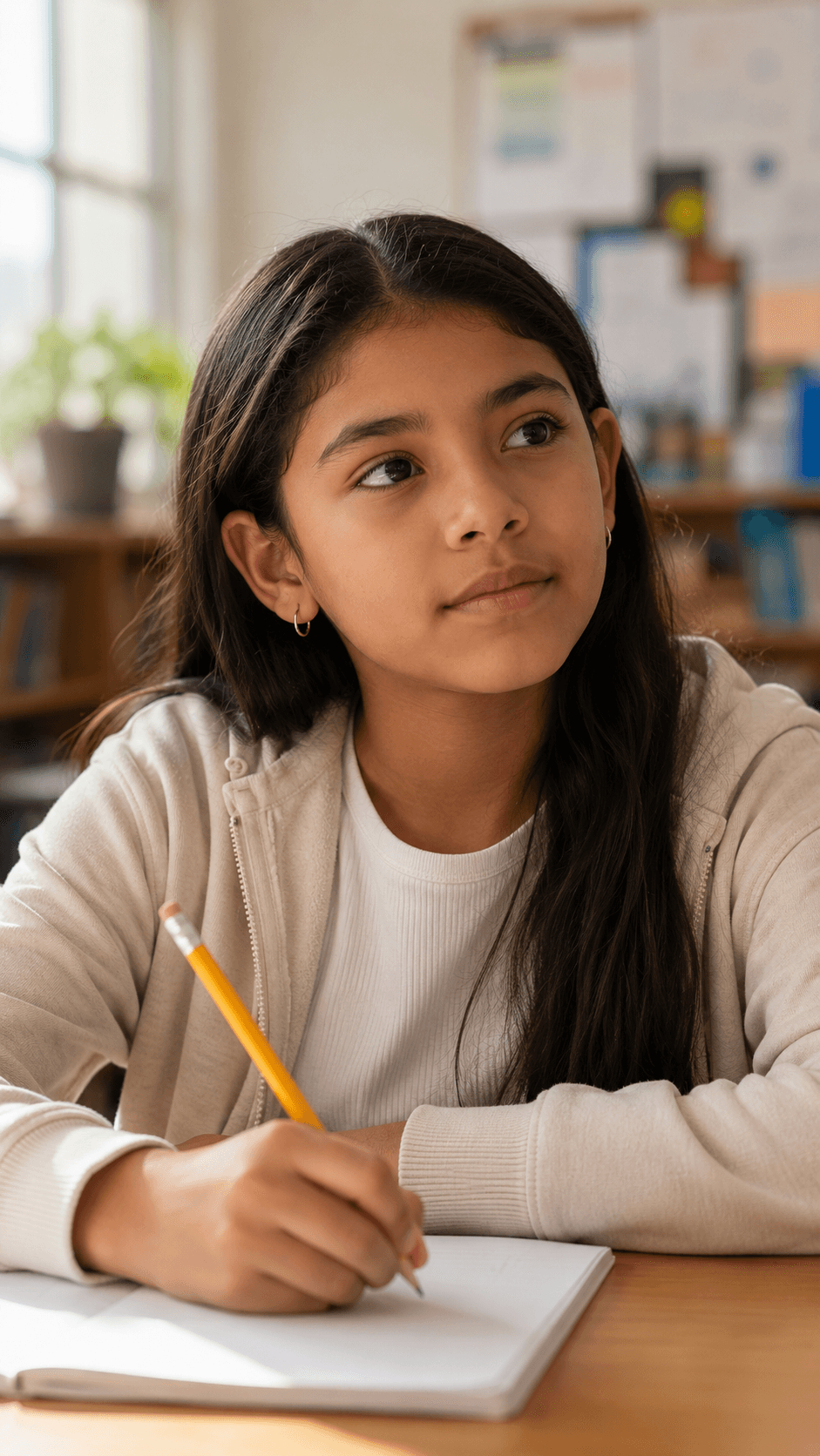 A student confidently raising their hand in the classroom