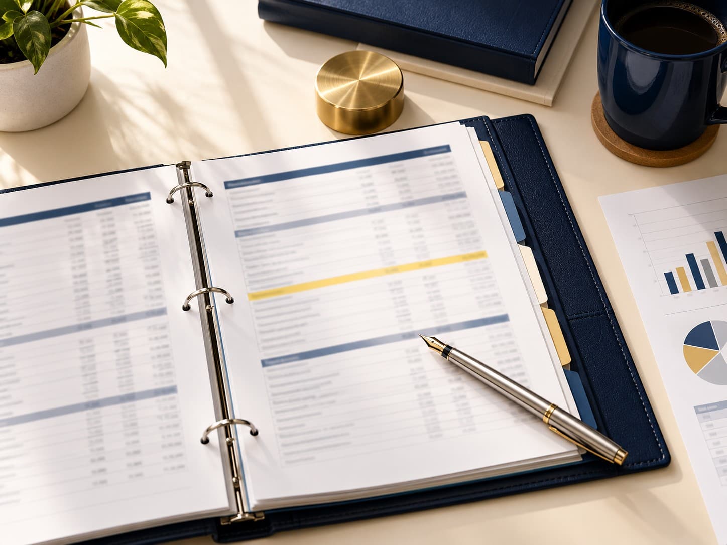 A district budget binder open on a desk, one line highlighted in gold, a fountain pen across the page