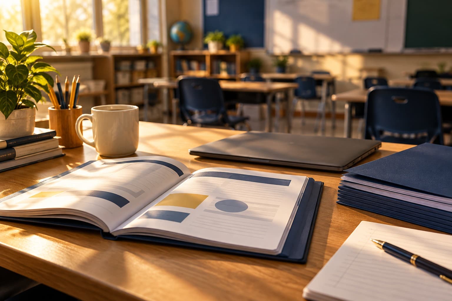 A facilitator guide open on a classroom desk beside a closed laptop and a stack of navy student packets, in afternoon light