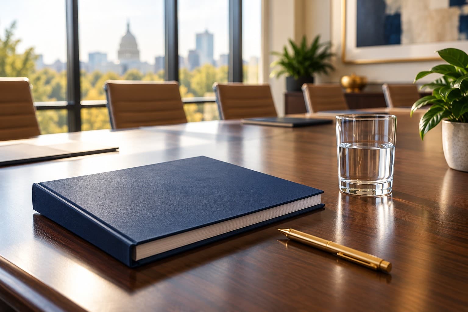 A navy-bound report on a boardroom table with a gold pen, windows and a city skyline behind