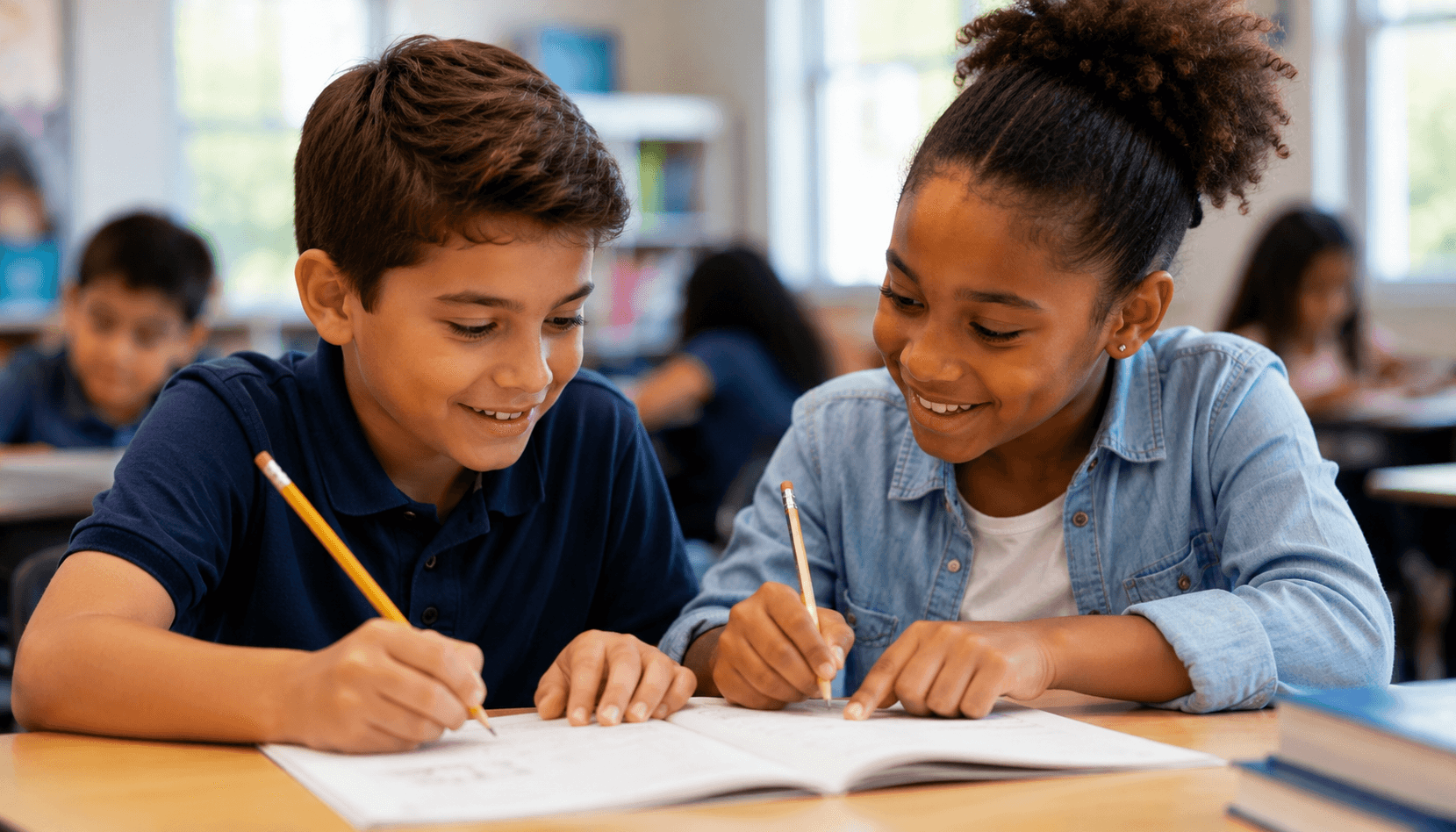 Two children studying together in a classroom