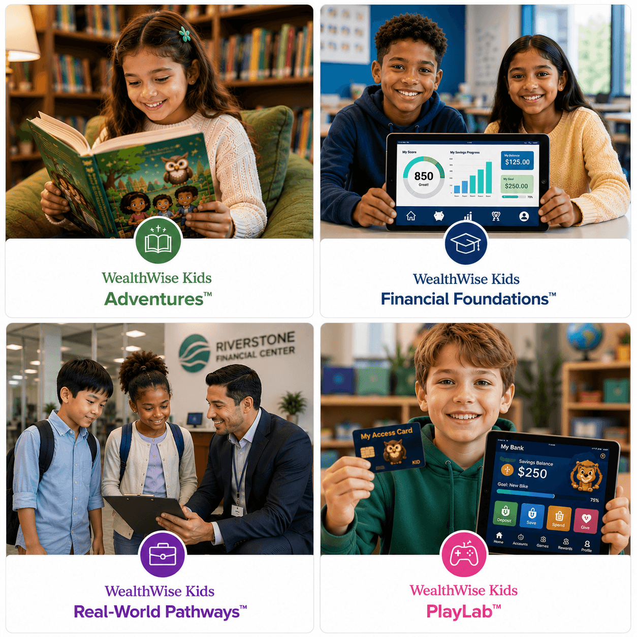 WealthWise Kids four programs: Adventures, Financial Foundations, Real-World Pathways, and PlayLab