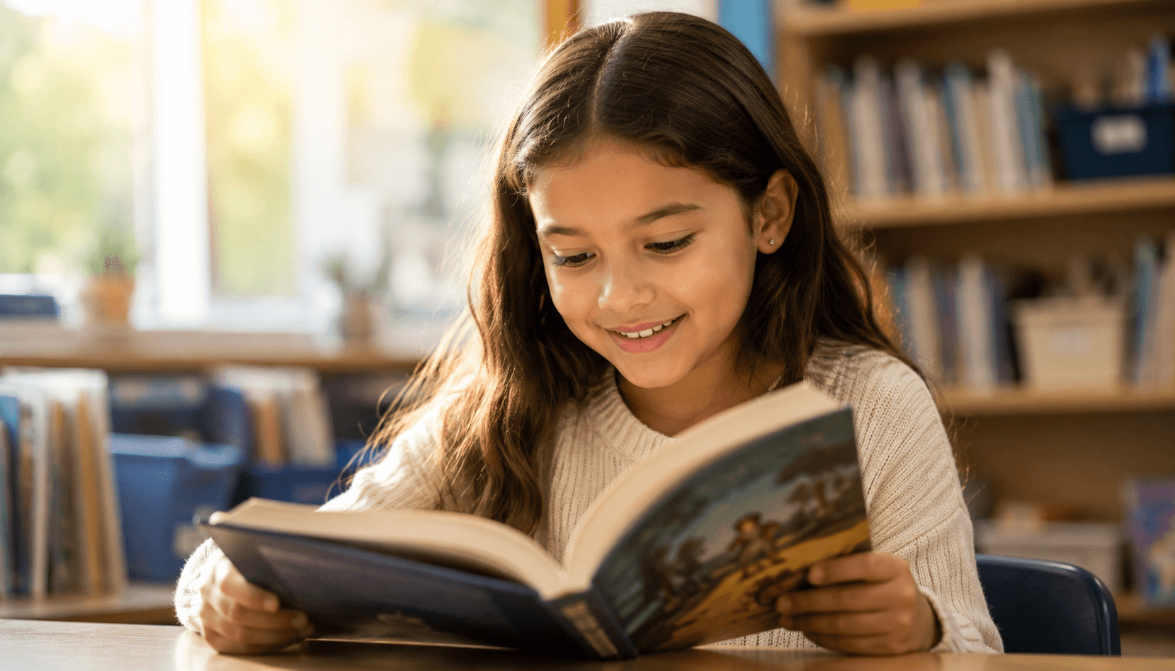 A girl reading a WealthWise Kids Adventures book