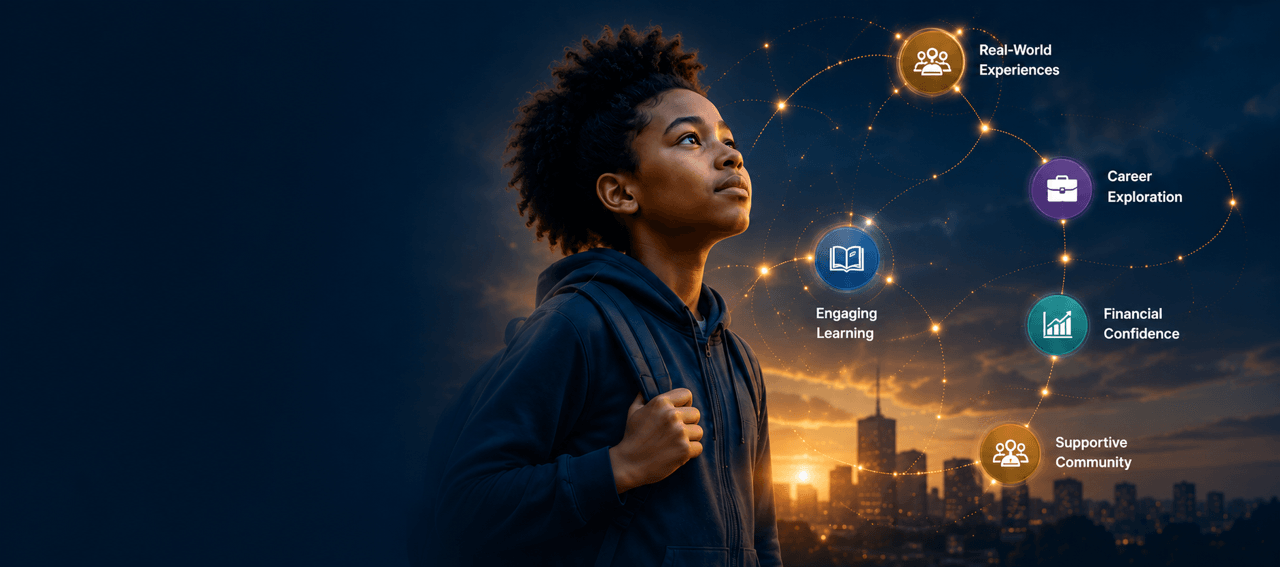 A student looking upward at a world of learning and opportunity