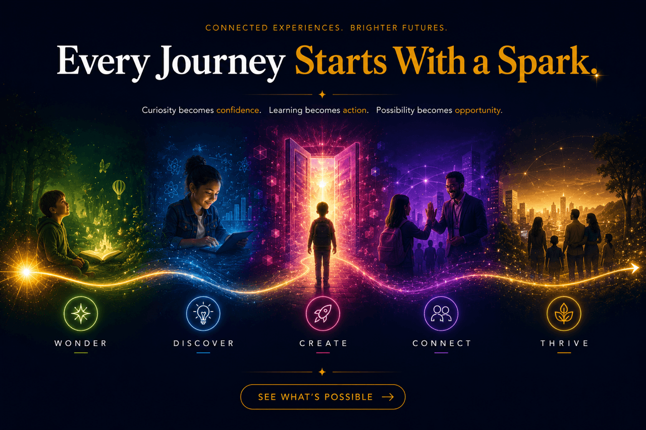 Every Journey Starts With A Spark — Wonder, Discover, Create, Connect, Thrive. Curiosity becomes confidence. Learning becomes action. Possibility becomes opportunity.