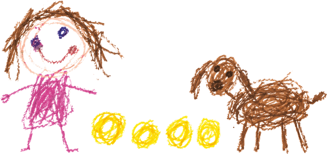 A child's crayon drawing of a girl, four gold coins in a row, and her dog