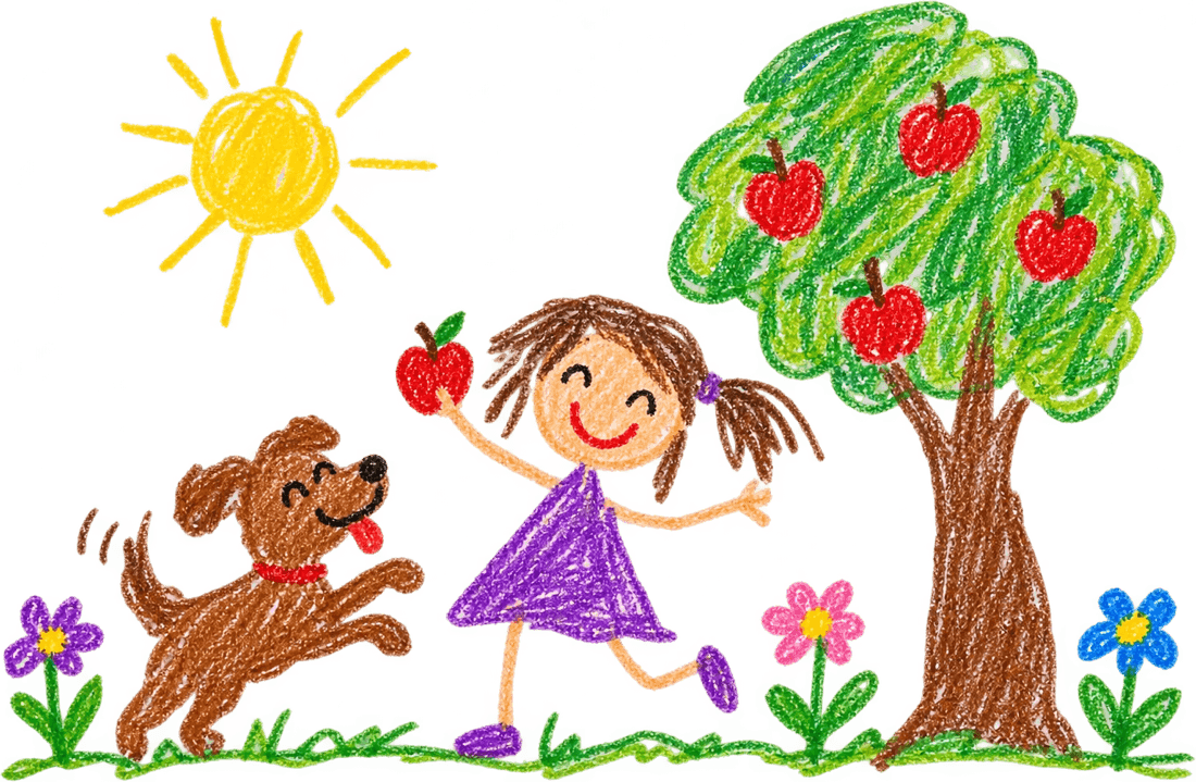 A child's crayon drawing of a girl holding an apple beside her dog and an apple tree