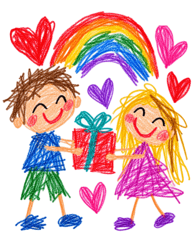 A child's crayon drawing of two children exchanging a wrapped gift under a rainbow and hearts