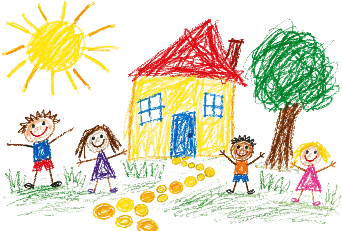 A child's crayon drawing of four smiling children outside a yellow house, with a path of gold coins leading to its door