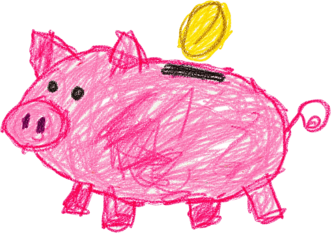 A child's crayon drawing of a pink piggy bank with a gold coin dropping in