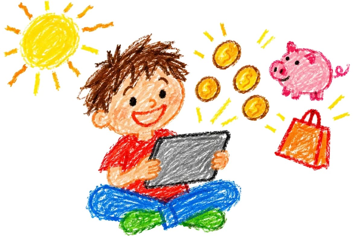 A child's crayon drawing of a smiling kid on a tablet, deciding between coins, a piggy bank and a shopping bag