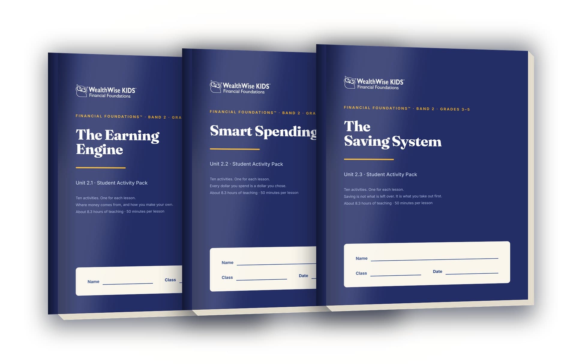 Three Grades 3–5 Student Activity Packs from the Money Builders band: The Earning Engine, Smart Spending, and The Saving System
