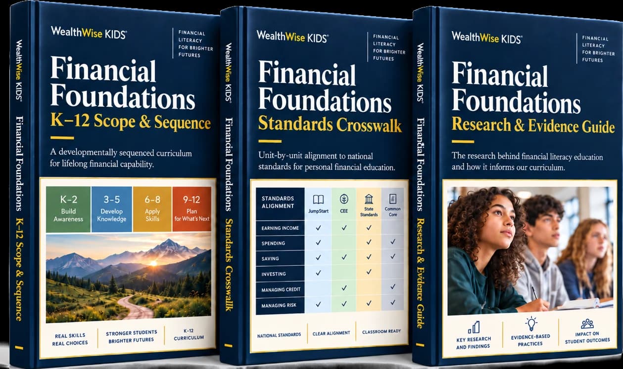 The three Financial Foundations books: K–12 Scope & Sequence, Standards Crosswalk, and Research & Evidence Guide