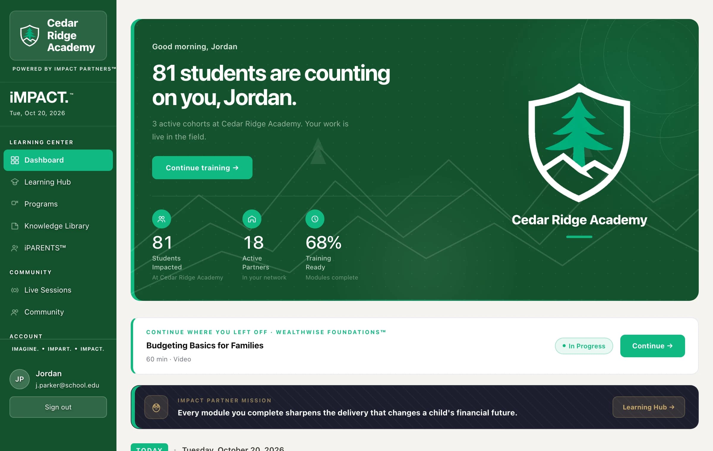 The iMPACT Partners portal branded for an example organization, Cedar Ridge Academy, with its own logo and colors