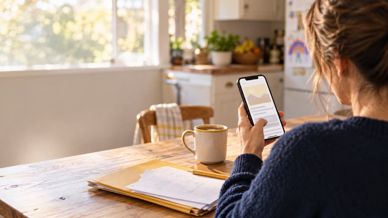 Over a parent's shoulder: reading a newsletter on a phone at a sunny kitchen table, beside a mug of coffee and a school folder
