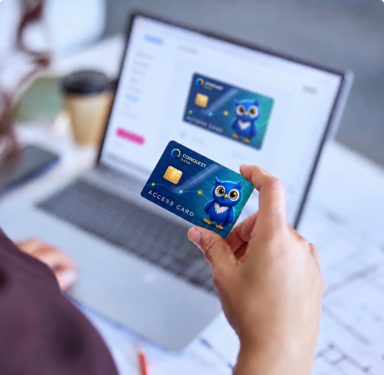 A hand holding a CoinQuest Bank access card with Milo the owl, in front of a laptop showing the same card on screen