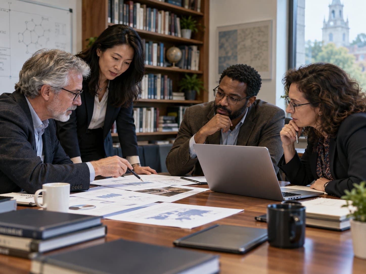 Four economists and financial analysts around a library table, reviewing printed charts and findings together