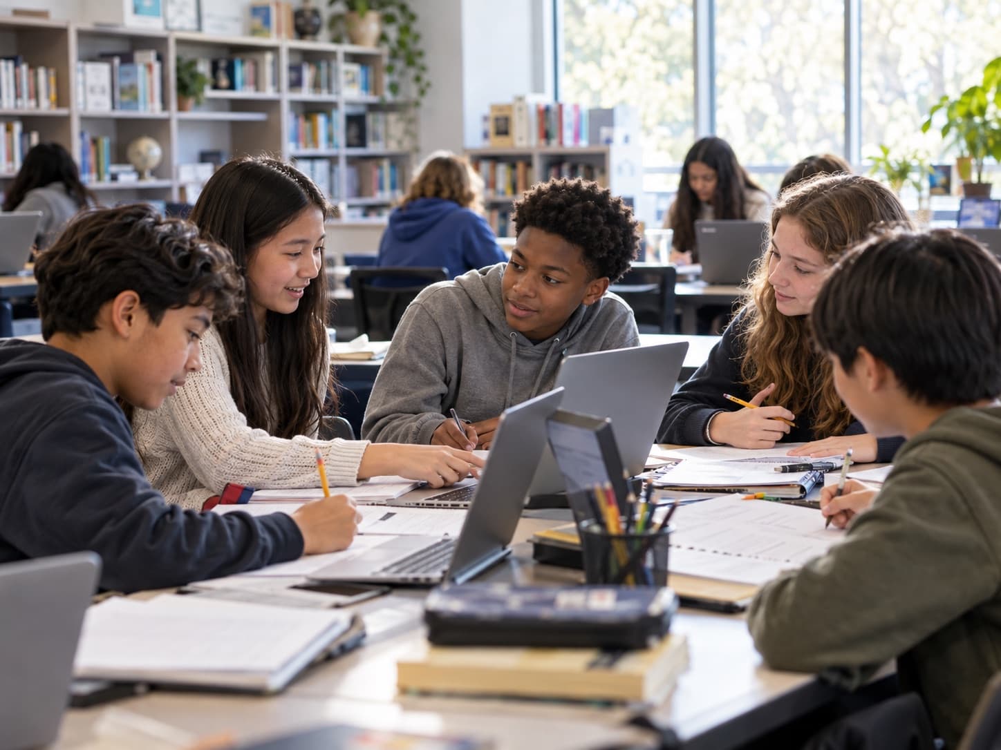 Five secondary students working together at a shared table in a bright school library, with laptops, worksheets and pencils, talking through a problem