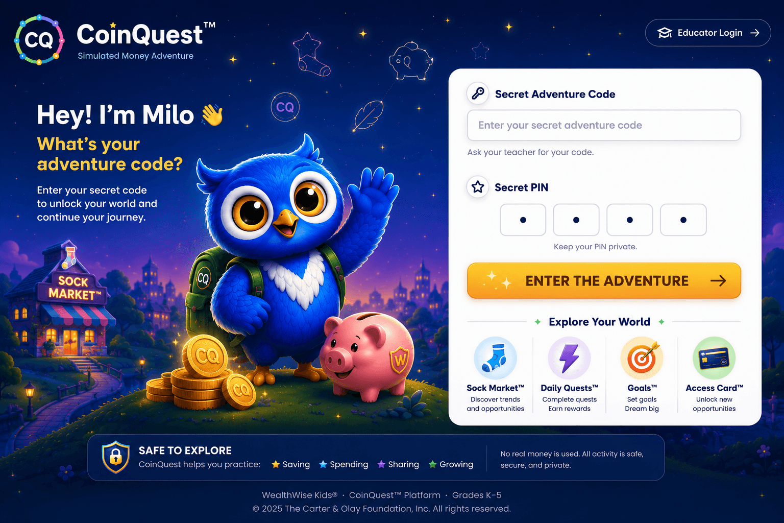 The CoinQuest sign-in screen: Milo the owl asks for an adventure code, with boxes for the code and a four-digit PIN