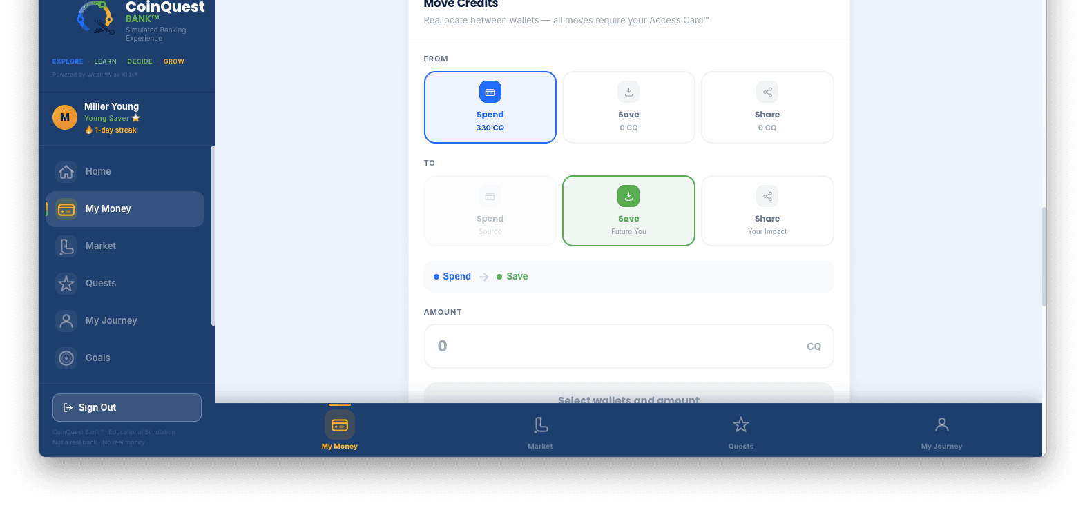 CoinQuest™ — simulated banking and wallet interface