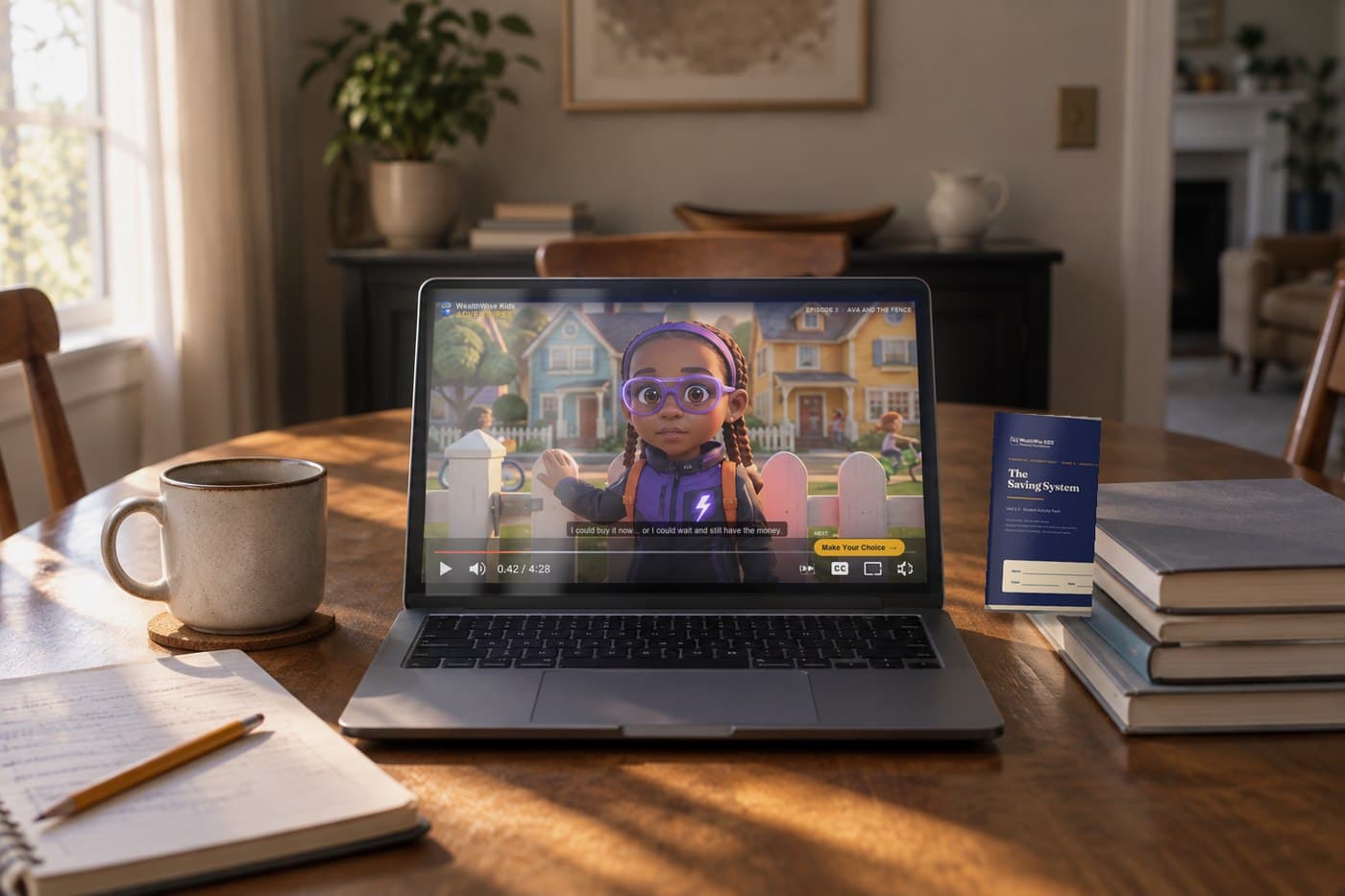 A laptop on a family dining table playing a WealthWise Kids Adventures™ episode, with captions on and a Make Your Choice prompt ready