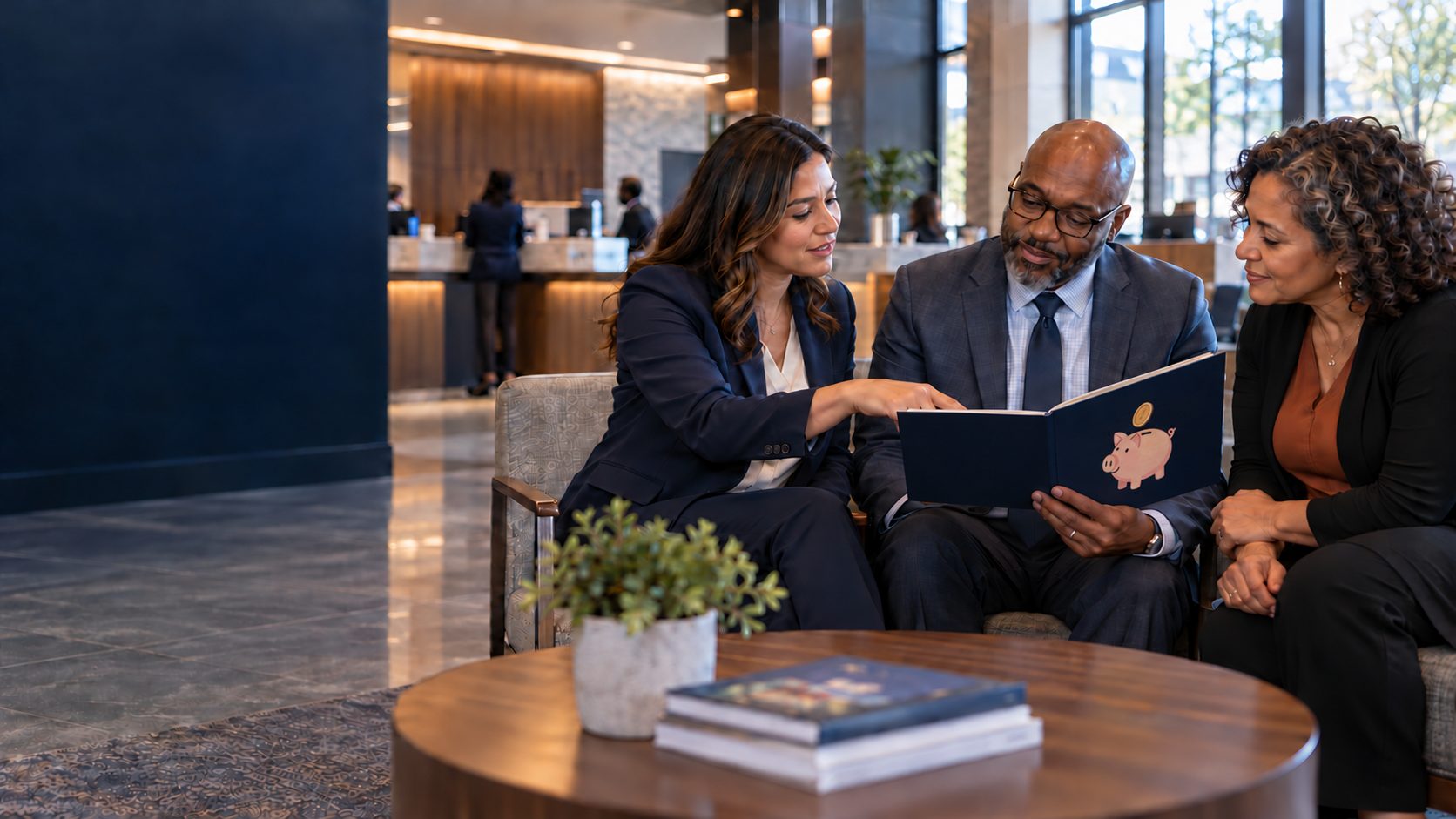 Three bank professionals seated together in a bright bank lobby, reviewing a navy booklet with a piggy bank on its cover