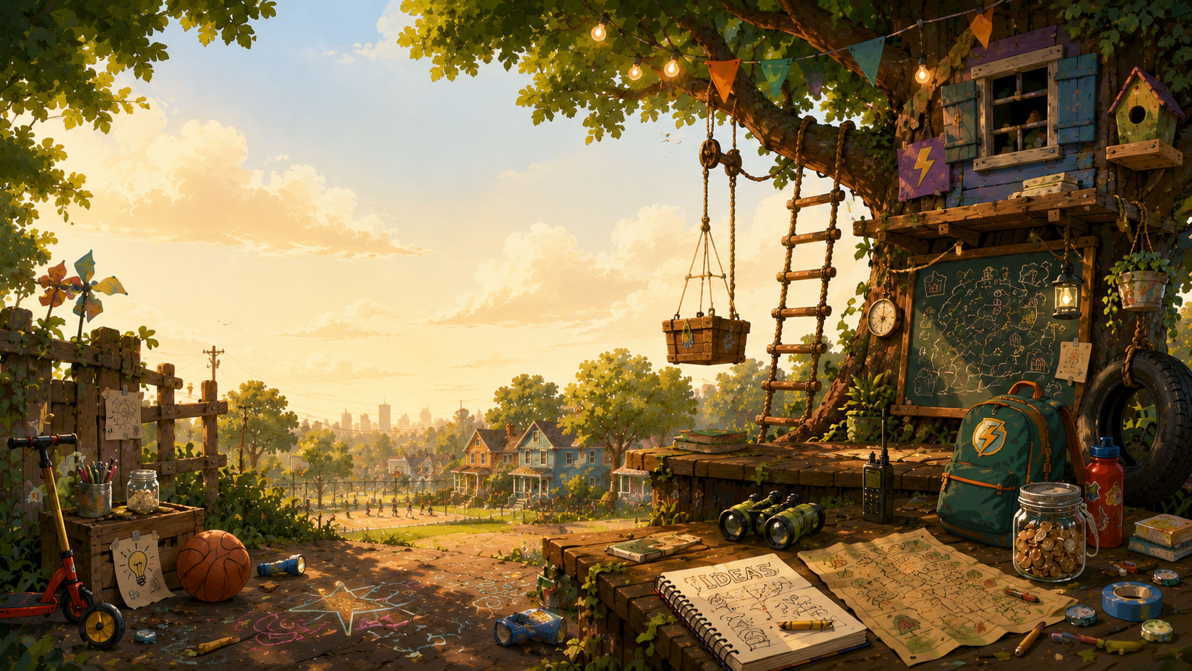 The Adventures world: a treehouse workshop at sunset, with a notebook and coins on the table