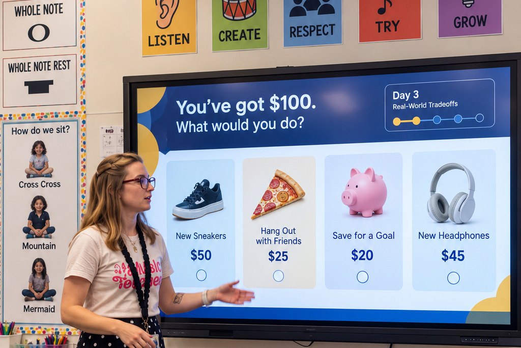 A teacher at the classroom screen running Day 3 of The $100 Week: you've got $100, what would you do?