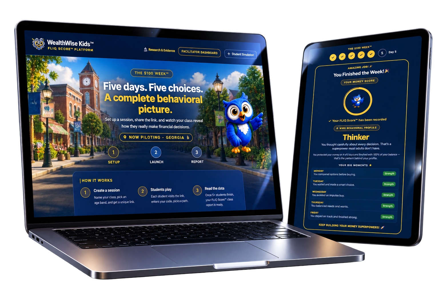 WealthWise Kids™ platform — the facilitator dashboard on a MacBook and a student's FLIQ Score result on an iPad