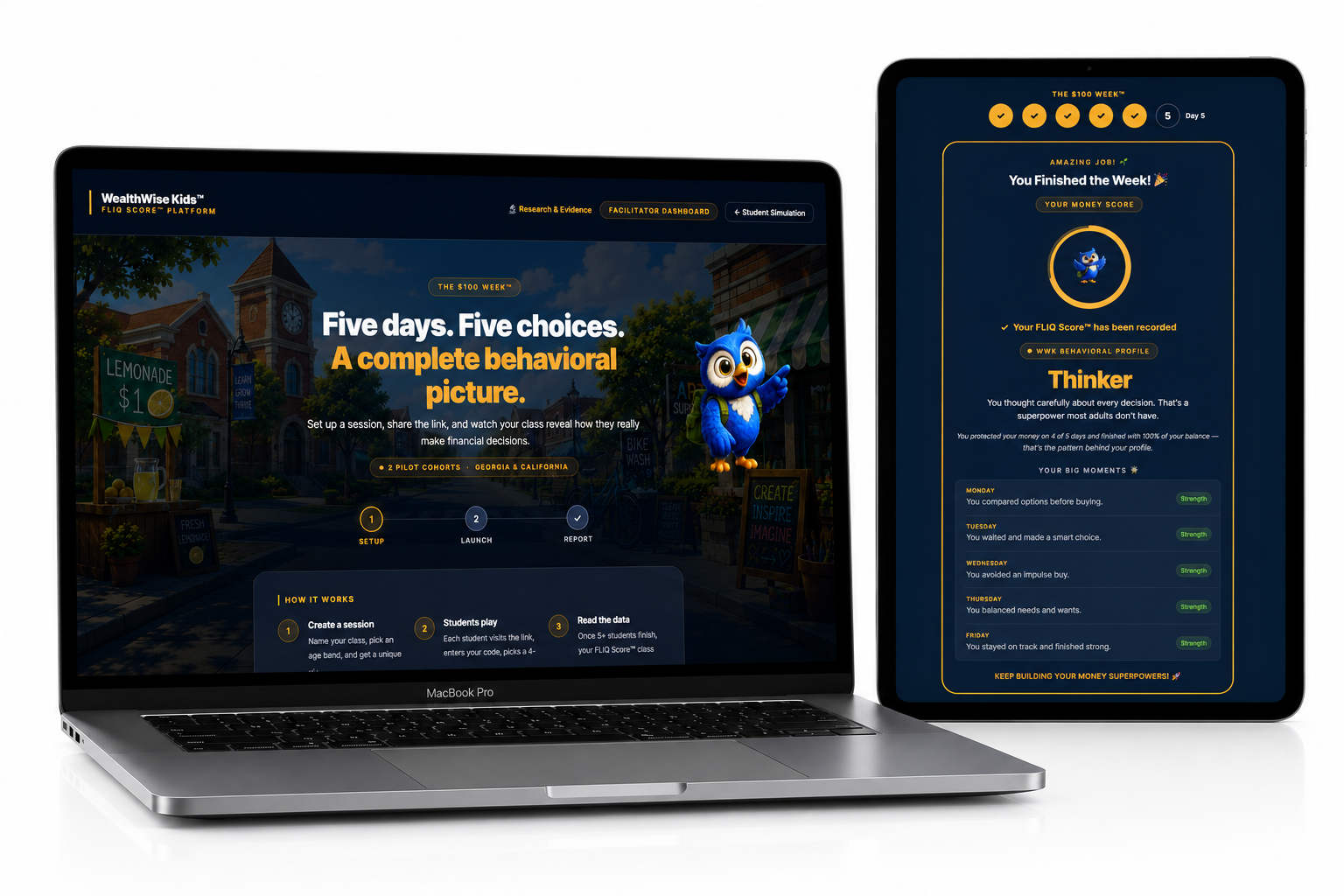 WealthWise Kids™ platform — facilitator dashboard on MacBook Pro and student FLIQ Score results on iPad