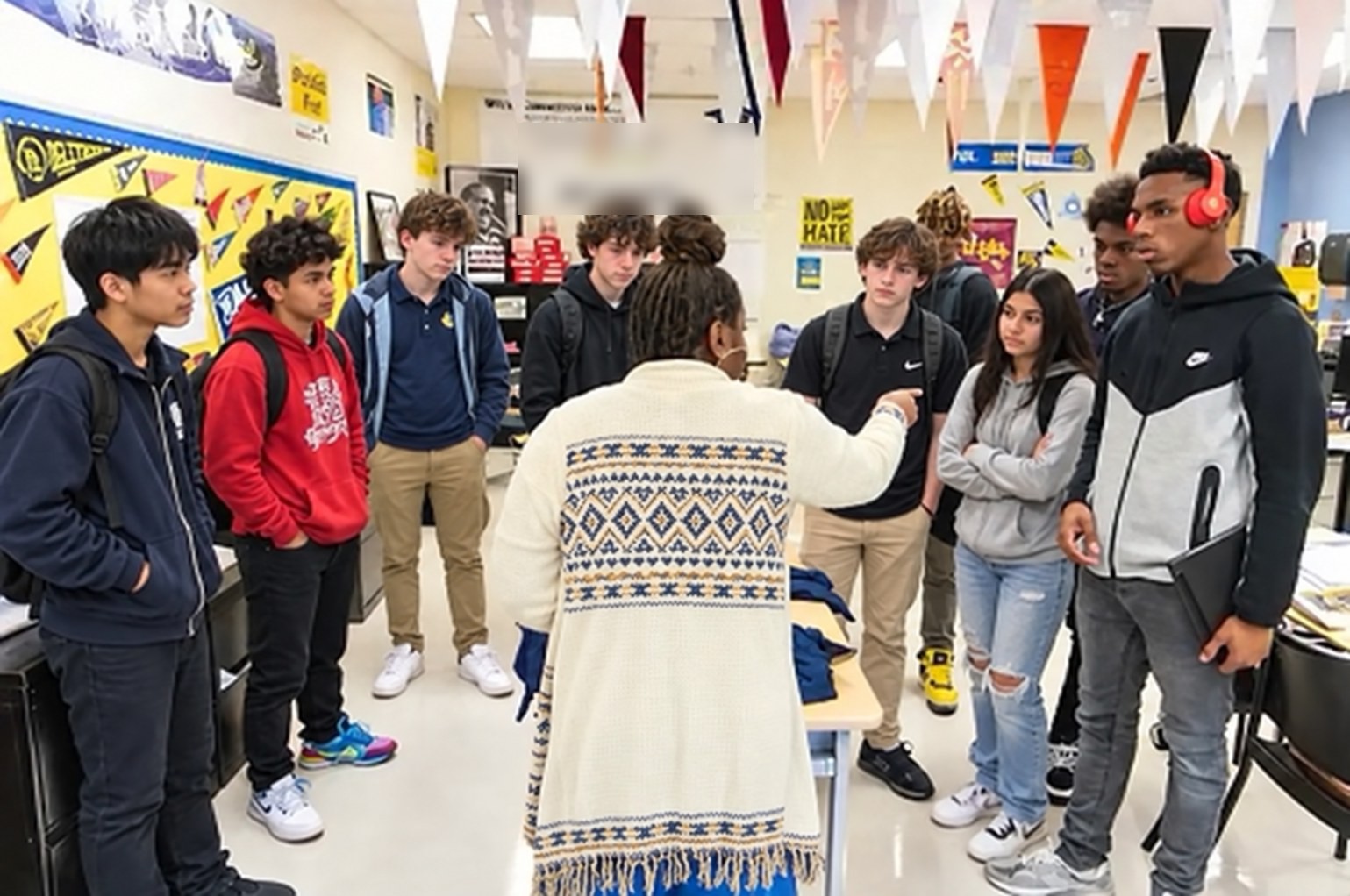 A teacher talking with a group of middle school students in a classroom