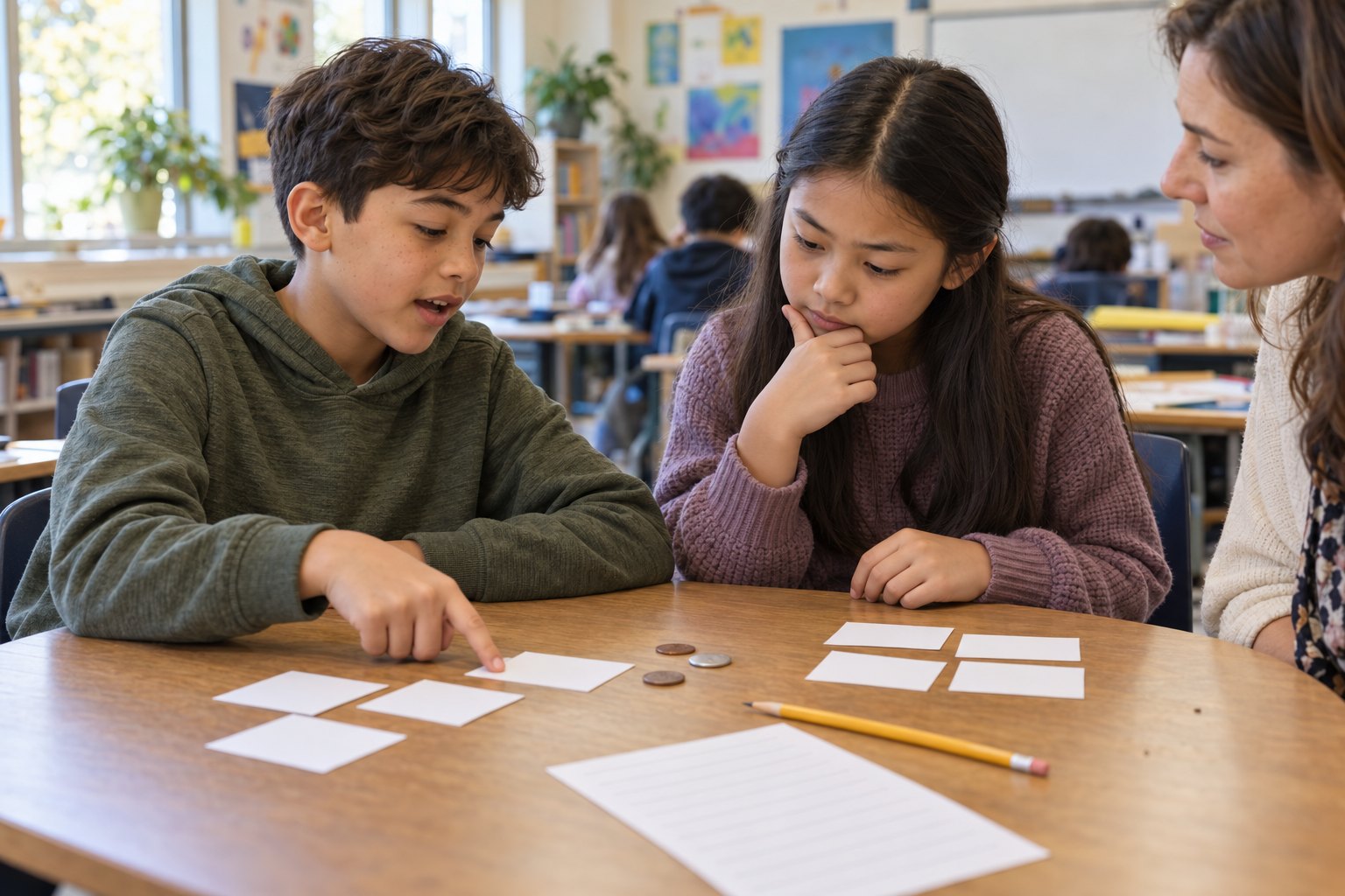 Two students at a classroom table sort blank cards and play coins into piles while their teacher listens