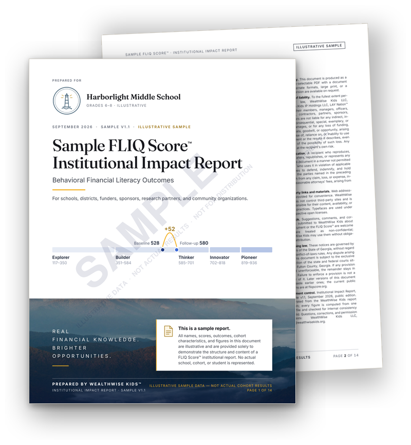 The sample FLIQ Score institutional impact report, illustrative data, marked as a sample