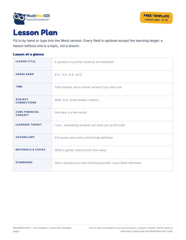 The first page of the free lesson plan template: a Lesson at a Glance grid with prompts in each box