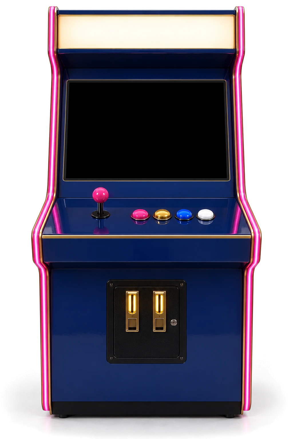 A PlayLab arcade machine in navy with glowing pink edges