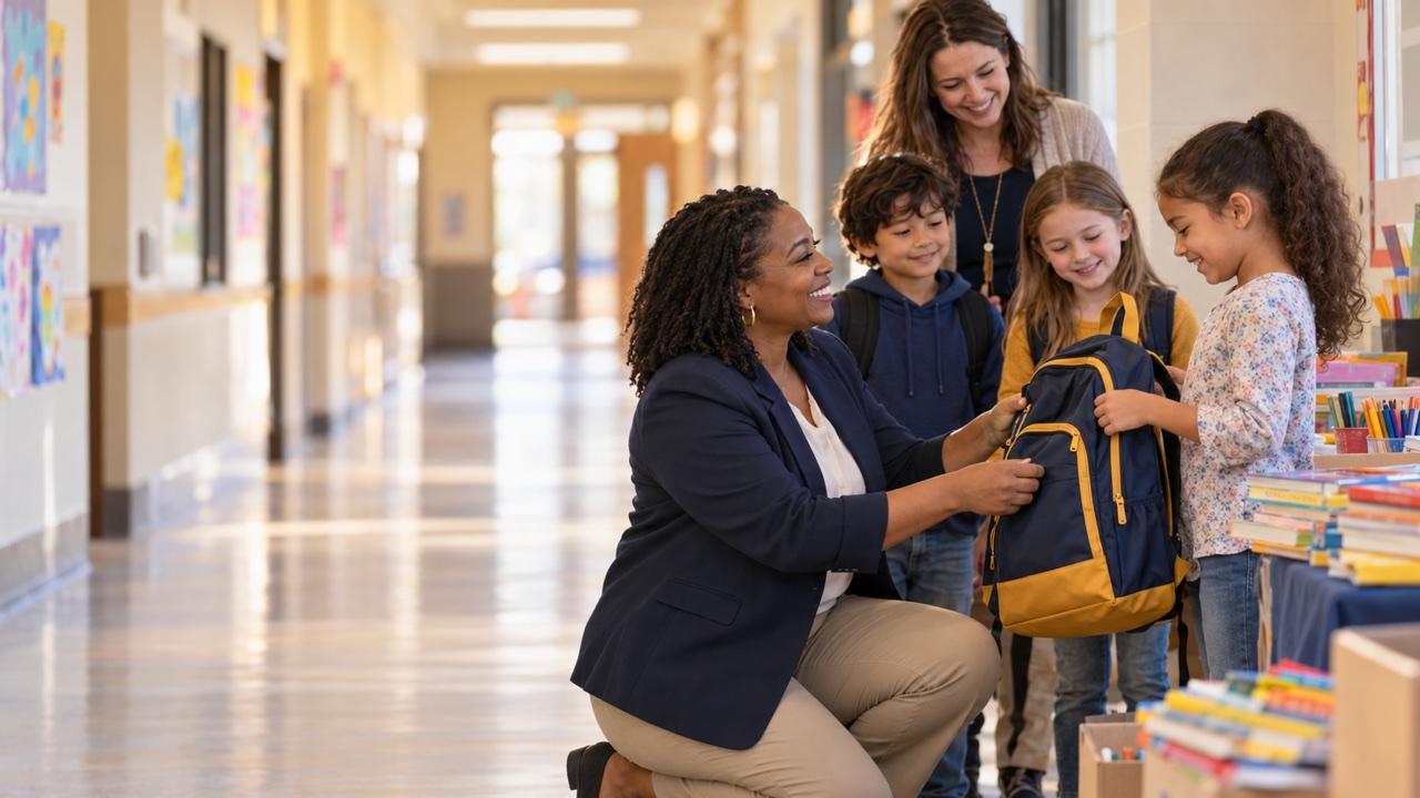 A funder in a navy blazer kneels in a bright school hallway to hand a navy-and-gold backpack to a smiling girl while a teacher and two classmates look on