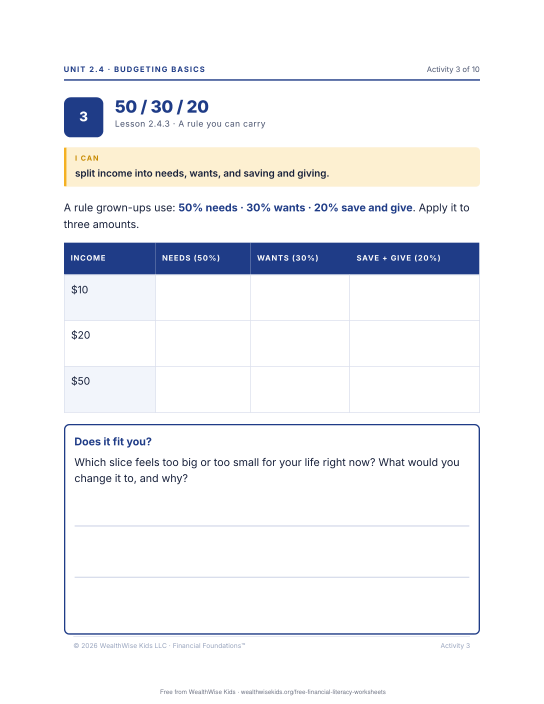 Preview of the 50 / 30 / 20 worksheet